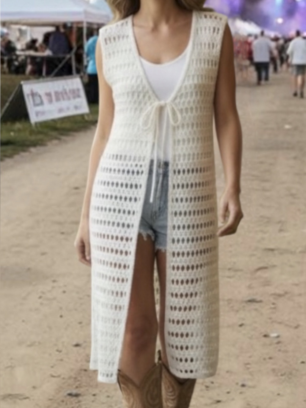 BOHO LONG WHITE OPEN CROCHETED VEST WESTERN FESTIVAL COASTAL COWGIRL SIZE S-L